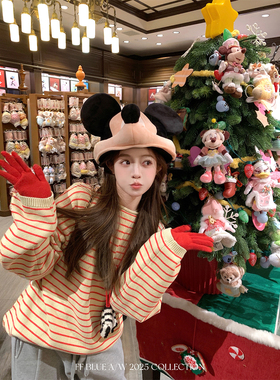 FF BLUE 半熟莓果 本期无敌好搭100棉红白条纹圆领套头毛衣上衣女