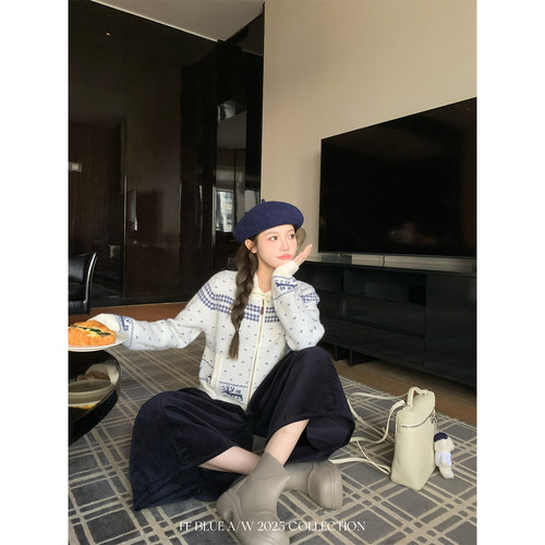 FFBLUE3色织花翻领开衫外套