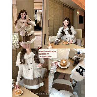 皮毛一体环保皮草格子半裙 BLUE雾都燕麦100棉双排扣羊羔毛套装