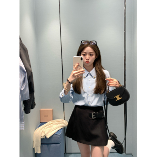 小金扣窄版 海盐可可 百搭条纹蓝色衬衫 修身 上衣 显瘦长袖 BLUE