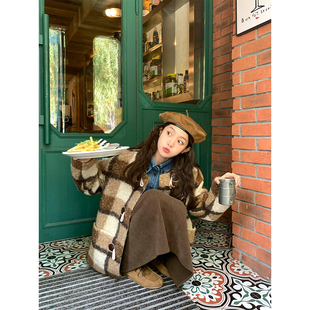 复古格纹牛角扣外套毛呢大衣 学院少女风爆棚 BLUE