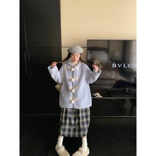 70羊毛baby蓝毛呢大衣圈圈毛毛球扣中长款 海盐奶霜 外套 BLUE