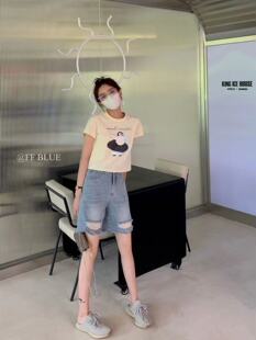 新款 女高腰百搭宽松2022夏季 休闲磨边破洞浅色牛仔短裤 BLUE