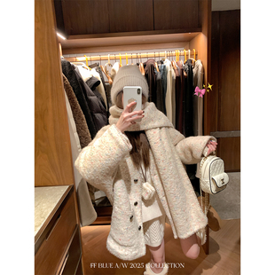 BLUE 赠围巾 香草可颂 女 45羊毛彩色圈圈毛呢夹棉厚外套冬季