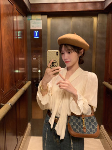 女时尚 韩系褶皱系带百搭通勤设计衬衫 温柔夜曲 别致上衣 BLUE