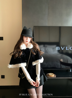 FF BLUE 摄政街落雪 矜贵小千金外套冬季2色丝绒夹棉斗篷短款上衣