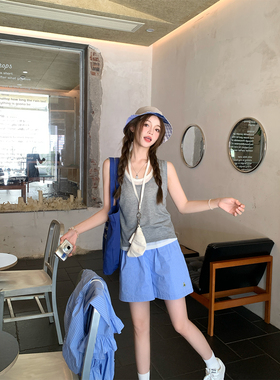 FF BLUE 泡沫之夏 桑蚕丝拼接假两件灰色背心慵懒休闲无袖上衣女