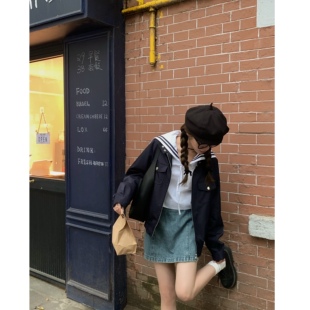 敲乖巧海魂系带衬衫 miu系女高 学院风海军领可爱甜美上衣 BLUE