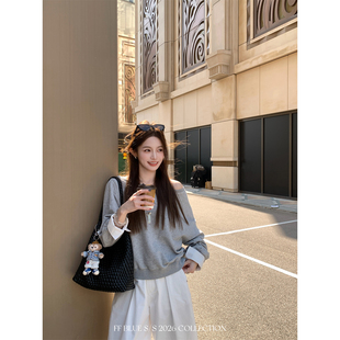 FF BLUE 乌云拿铁 100棉不对称设计感斜肩卫衣女新款休闲百搭上衣