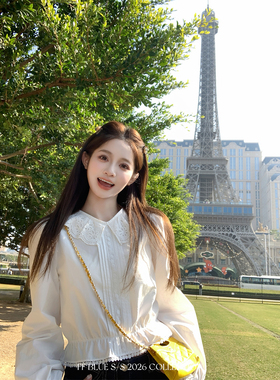 FF BLUE蕾丝日记 100棉舒适圆领设计感上衣长袖花边小V领复古衬衫