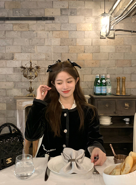 FF BLUE 气质小千金 法式复古丝绒圆领外套黑色A字半裙