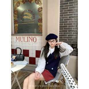 冰岛毛纱童趣纽扣背心马甲大领口针织马夹女外穿 BLUE彩扣少女