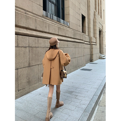 斗篷羊毛双面尼大衣驼色质感连帽