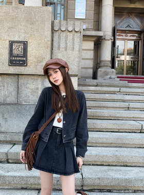 FF BLUE 马德里街头 碳灰色水洗复古长短裙甜辣牛仔外套