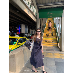 踏青2色收腰系带拼接背心裙A字无袖 春季 周末留白 连衣裙 BLUE