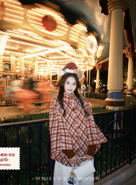 FF BLUE 圣诞限定 波尔多红节日感格纹毛呢斗篷外套女夹棉半身裙