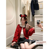 BLUE 拉夫纽结 新年两色圆领宽松针织开衫 女灯笼袖 麻花扣毛衣