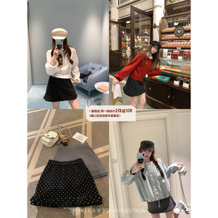 FF BLUE 秋冬格雷 两色韩系波点百褶半裙花边绵羊毛休闲时髦短裙
