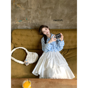 宽松短款 清纯显白减龄纯棉蓝白格纹衬衫 海岛日记 上衣女 BLUE