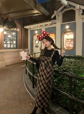 FF BLUE 苏格兰晚秋 复古全棉红色格纹背带连衣裙A字短款半身裙女