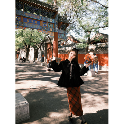 FFBLUE节日氛围红格毛呢背心裙