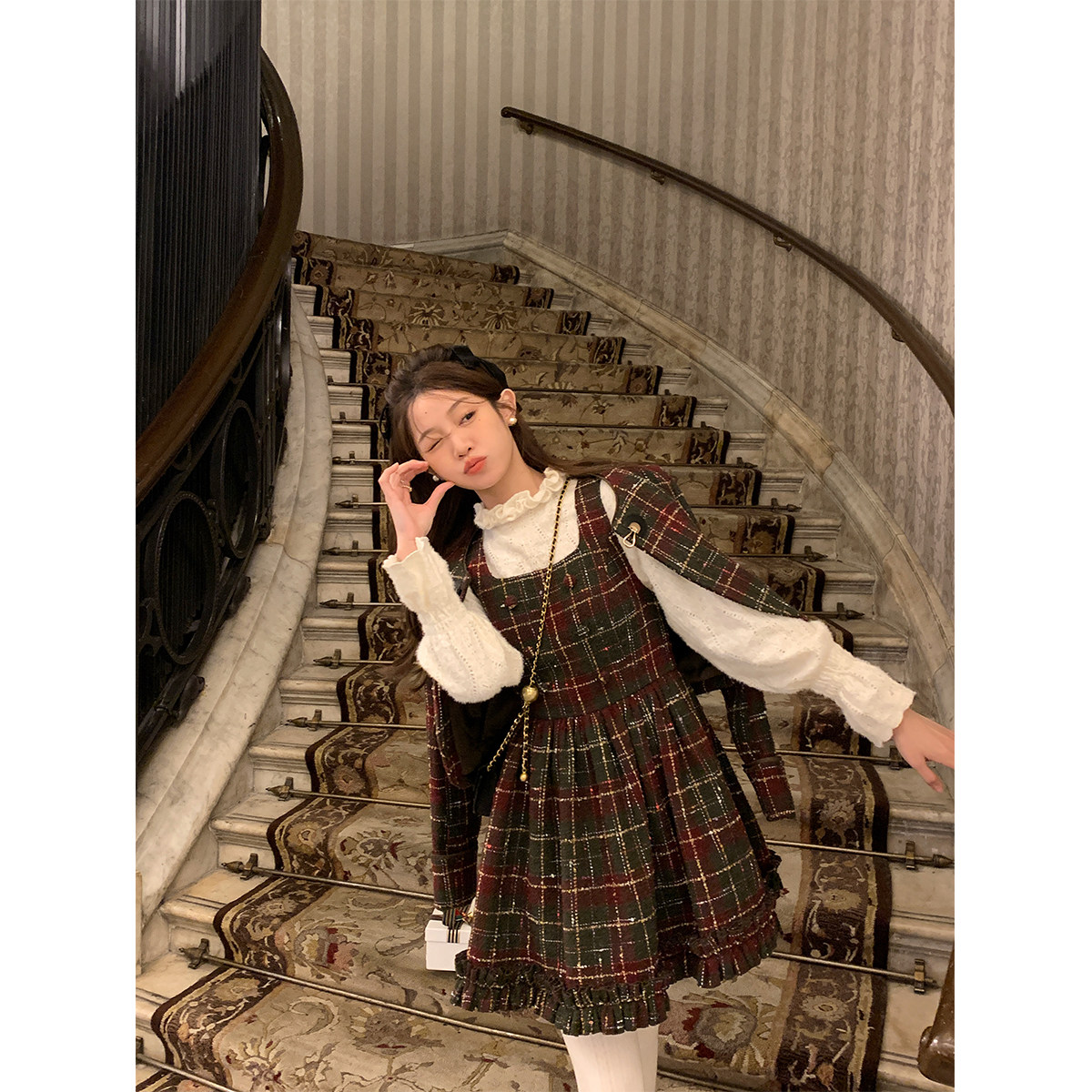 FF BLUE 圣诞夜出逃 50羊毛氛围感小千金格纹外套背心裙,女装/女士精品,时尚套装,淘宝优惠券,粉丝福利购,淘宝优惠卷