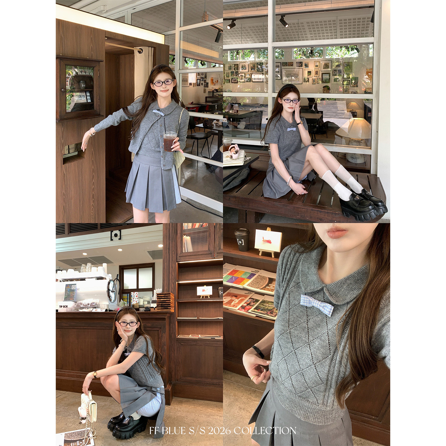 FF BLUE 格林诗集 菱格针织短袖绵羊毛开衫外套百褶裙学院风套装