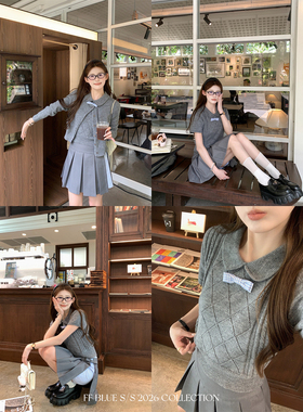 FF BLUE 格林诗集 菱格针织短袖绵羊毛开衫外套百褶裙学院风套装