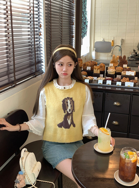 FF BLUE 快乐小狗 韩系温柔套头针织马甲叠穿学院风可爱黄色背心