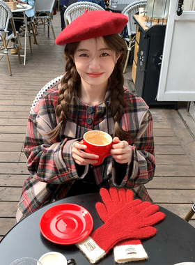 FF BLUE 慵懒雪夜 节日氛围感圣诞新年红色系贝雷帽保暖手套组合