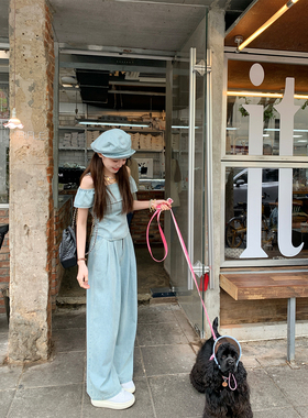 FFBLUE 盐盐夏至 清爽夏日复古一字领牛仔上衣长款蓝色牛仔裤套装
