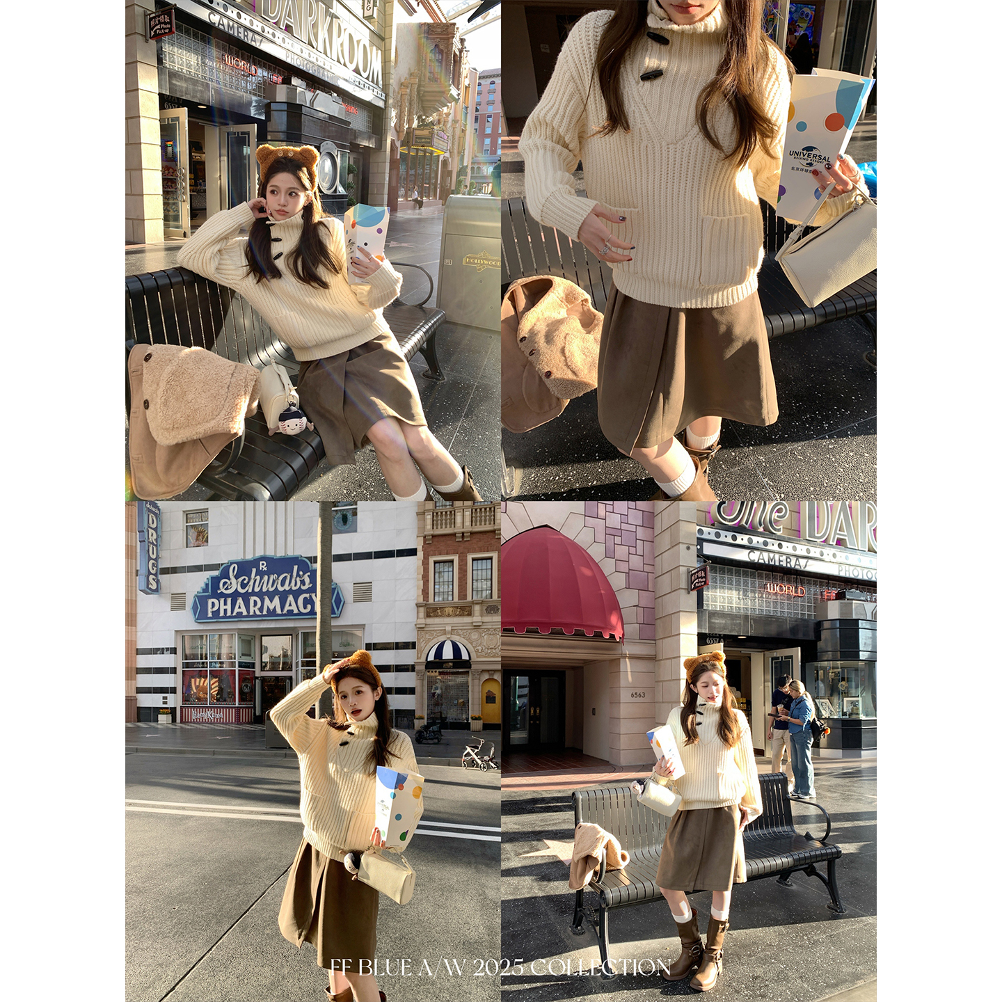 FFBLUE牛角扣立领套头坑条毛衣