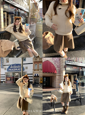 FF BLUE 圣马丁学院 30毛牛角扣立领套头坑条毛衣落肩袖百搭上衣