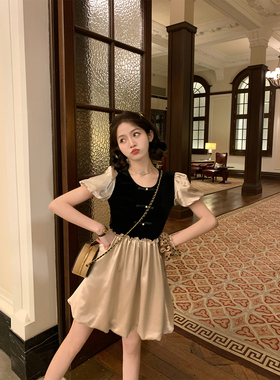 FFBLUE 民国书苑 国风香槟色拼接短袖旗袍小众设计感短款连衣裙女