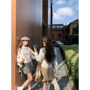 BLUE 披肩灰色毛呢短裤 高智少女 衬衫 三件套 三色收腰条纹修身