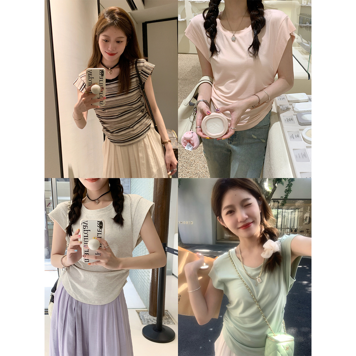 短袖百搭常规小飞袖女褶皱T修身