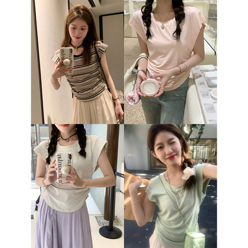 短袖百搭常规小飞袖女褶皱T修身
