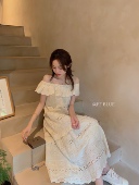 甜美温柔水溶刺绣连衣裙夏 初恋风白月光小飞袖 BLUE 宛宛类卿