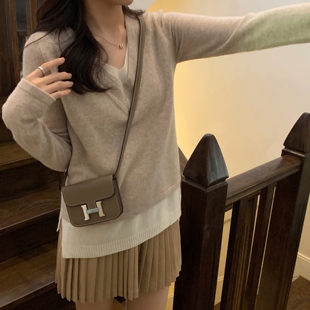 好穿柔软针织假两件驼色毛衣秋季 全羊毛质感控 上衣 BLUE