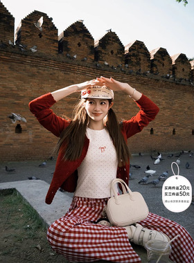 FF BLUE 复古图书馆 97棉波点背心爱心开衫格子裤可爱甜美三件套