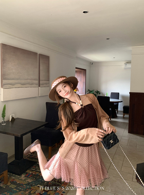 FF BLUE4.23new豆蔻少女【47莫代尔46长域棉】挂脖抹胸粉棕波点裙