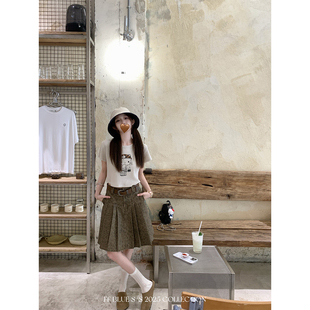 复古氛围感纯棉千禧风豹纹百褶裙高腰牛仔半身裙 BLUE杏子酒廊