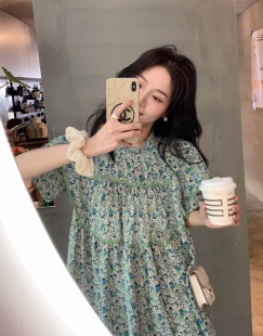 包边短款 小飞袖 乖乖 清新绿色碎花连衣裙宽松a字裙夏 BLUE
