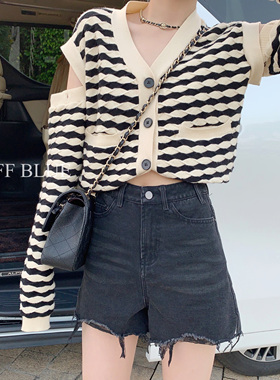 FF BLUE 帅气毛边百搭女士休闲裤黑色高腰牛仔短裤女夏季