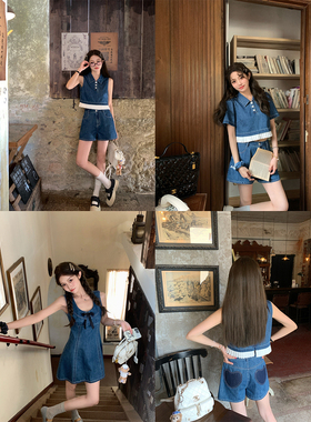 FF BLUE 苏佛杂记 85棉夏日复古牛仔背心翻领短袖短裤背心连衣裙