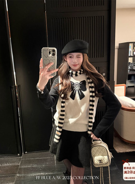 FF BLUE假日礼物25N滑雪季小香撞色时髦针织衫蝴蝶结拼接圆领上衣