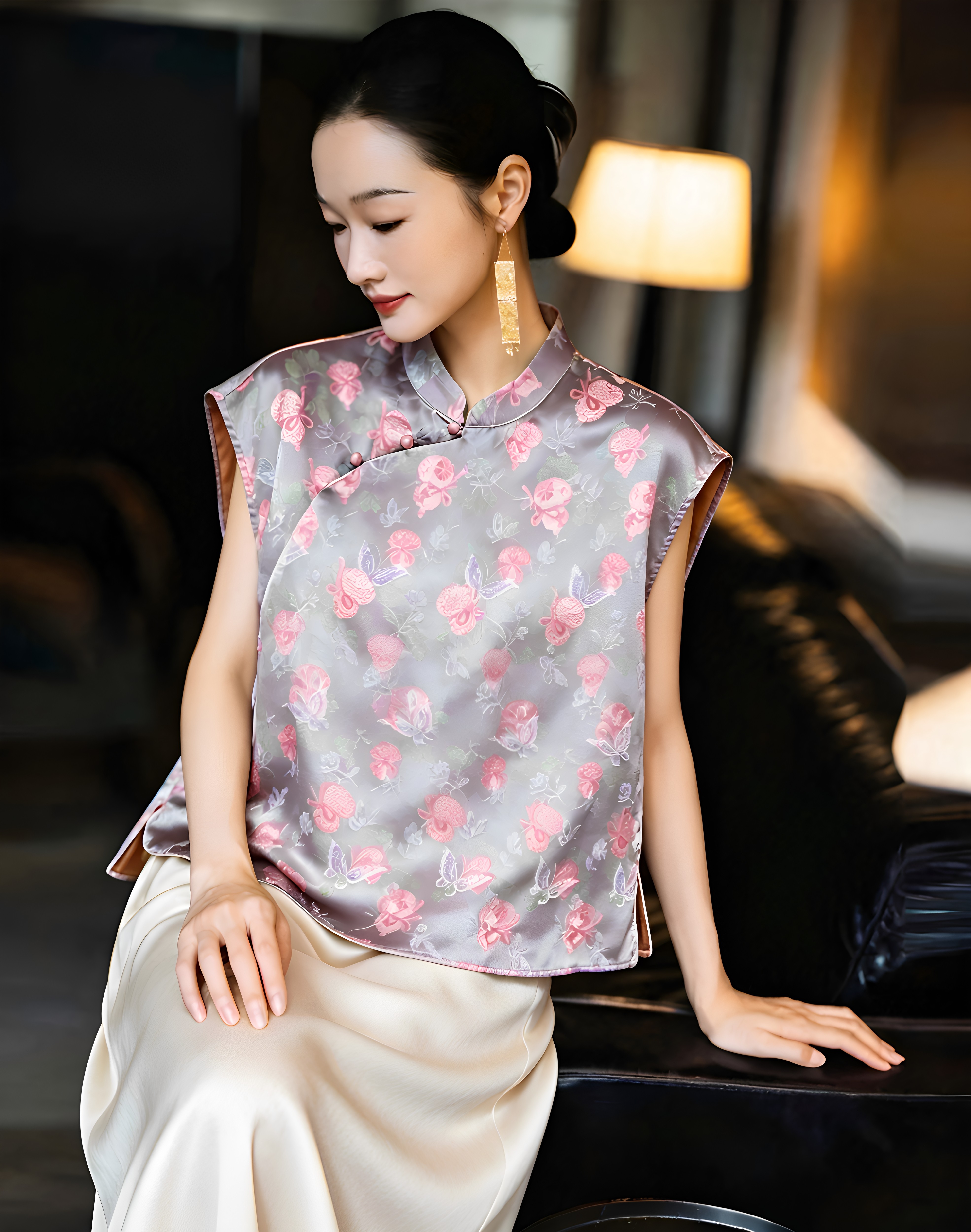 100%桑蚕丝新中式花卉马甲女 斜襟立领无袖背心改良国风旗袍上衣