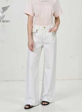 CHICCO MAO2025新款女士流行夏薄款钻花休闲美式白色直筒牛仔裤