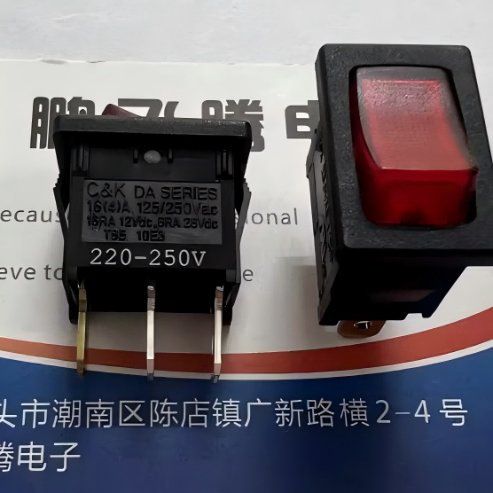 原装美国CK 3脚2档船型开关 DA102J3RS215QF8 翘板带红灯电源按钮