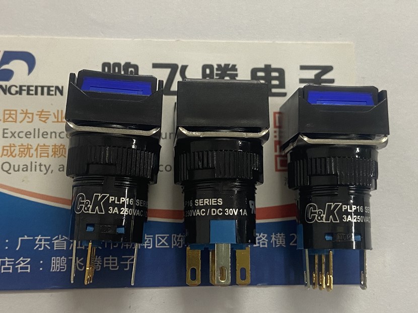 原装C&K 直插5脚方形按钮蓝灯开关 PLP16  自锁电源按键 3A250V